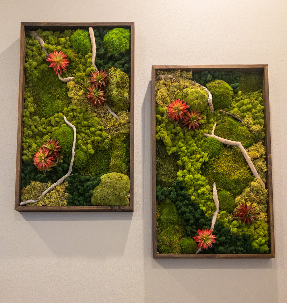 Moss wall art created with preserved moss, faux succulents, and driftwood, the perfect indoor vertical wall garden